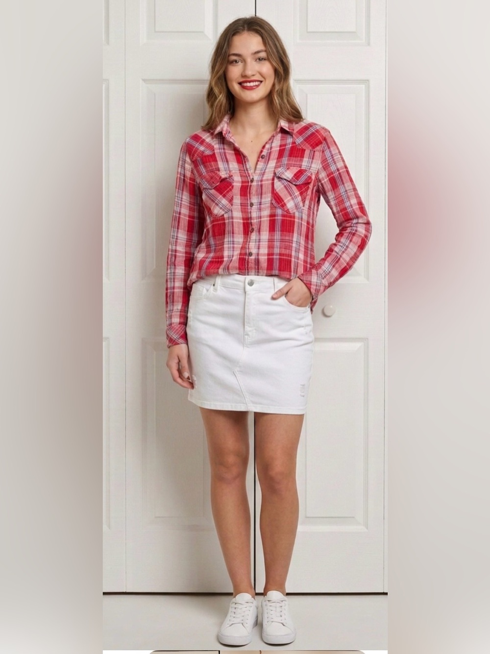 Seven7 Red Plaid Button-Up Cotton Shirt. Size Large but Runs Small.